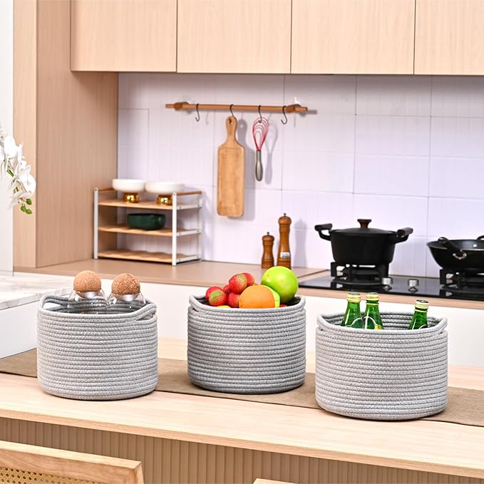 Small Storage Baskets for Organizing, Organizer Baskets for Shelves, Small Woven Basket for Storage, Cute Basket for Gifts Empty, Soft Cotton Rope Baskets, 9.7"×9.7"×7" (3 Packs) Grey