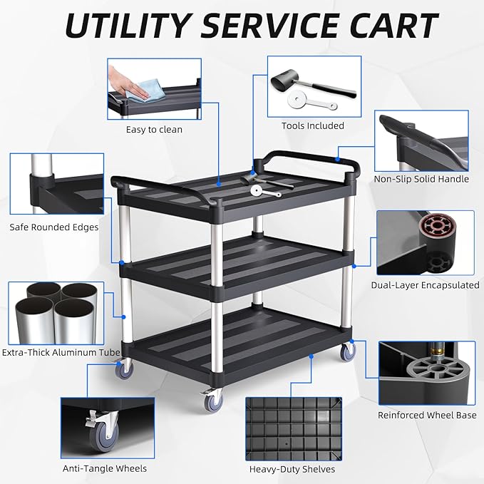 Plastic Utility Cart with Anti-Tangle Wheels, Solid Armrests, 350 Lbs Heavy Duty Capacity, 3-Tier Rolling Serving Cart for Home, Office, Restaurant, Warehouse.34.2" × 17" × 37"