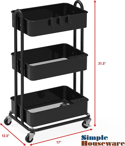 Simple Houseware 3-Tier Heavy Duty Metal Utility Rolling Cart, Black