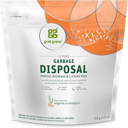Grab Green Garbage Disposal Freshener and Cleaner Pods, 12 Count, Tangerine with Lemongrass Scent, Plant and Mineral Based, Removes Odors, Loosens Grime, Prevents Clogging