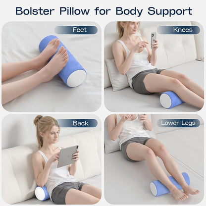 Neck Roll Cervical Pillow for Neck Pain Relief - Memory Foam Neck Pillow for Bed, Round Neck Pillows for Sleeping, 16 * 6.3 * 6.3inch (Blue-White)