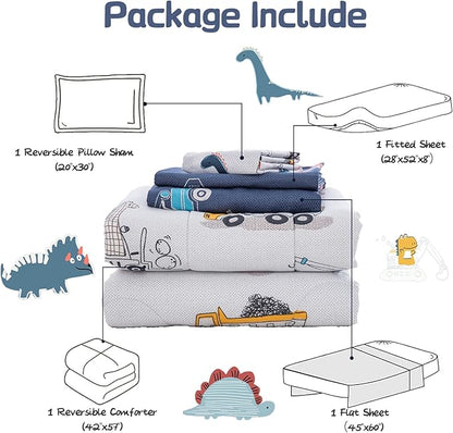 DJY 4 Pieces Cotton Toddler Bedding Set, Dinosaur Cars Reversible Toddler Bed Comforter Set for Kids Boys Girls, Includes Quilted Comforter, Flat Sheet, Fitted Sheet and Pillowcase