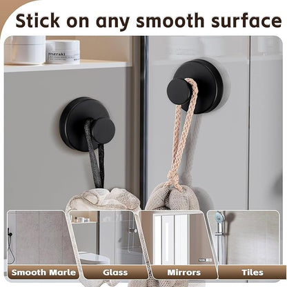 Reusable Heavy Duty Suction Cup Hooks for Kitchen/Bathroom/Shower - Wet-Proof Hooks for Towels, Robes, Loofah&Wreaths/No Drill Mounting on Glass, Tile, Metal (2, Matte Black)
