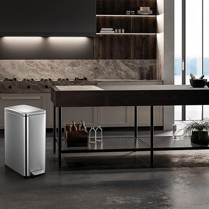 13.2 Gallon / 50L Kitchen Trash Can, Slim Stainless Steel Garbage Can with Removable Inner Bucket, Fingerprint-Proof Step Rubbish Bin with Soft-Close Lid for Narrow Space, Silver