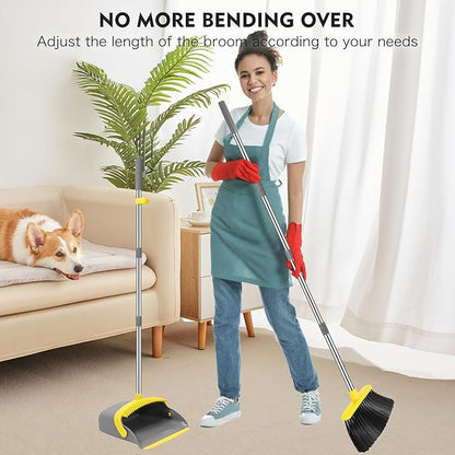 NACENA Broom and Dustpan Set, 55-in Long Adjustable Handle Broom Dustpan Combo with Dustpan Teeth to Automatically Clean Hair Suitable for Home Kitchen Office Hall Floor, Large(Grey&Yellow)