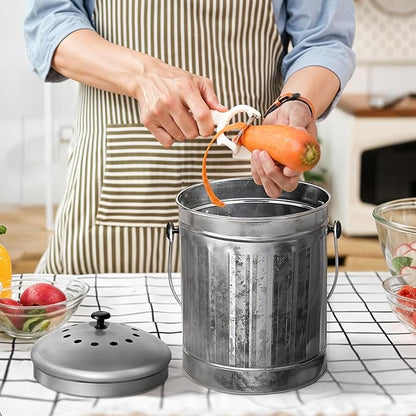 Plexon Countertop Compost Bin Kitchen Indoor, with Lid, Silver 1.5 Gallon Odorless Kitchen Compost Container, Steel Food Bucket Pail with Charcoal Filter, Silver