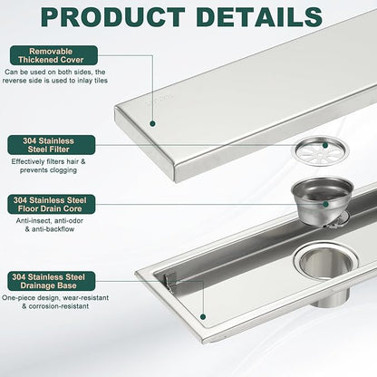 uxcell Rectangular Shower Drain, Brushed 304 Stainless Steel Odor-Proof Floor Drain Linear Shower Drain Hair Catcher for Bathroom Kitchen and Laundry Room(12 Inch, Bright Silver)