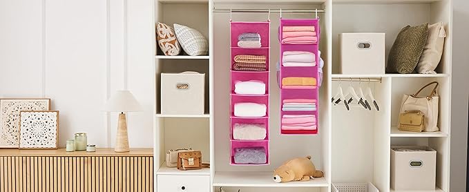 MAX Houser 5-Shelf Hanging Closet Organizer, Hanging Storage Shelves with 4 Side Pockets Space-Saving for Bedroom, Foldable (Pink)