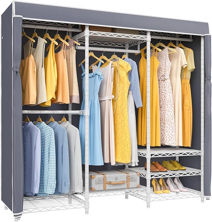 VIPEK V5C Covered Clothes Rack Heavy Duty Portable Closet Wardrobe, Freestanding White Metal Clothing Rack with Grey Oxford Fabric Cover, Adjustable Custom Closet Rack, 57.9" Lx17.3 Wx76.4 H (Medium)