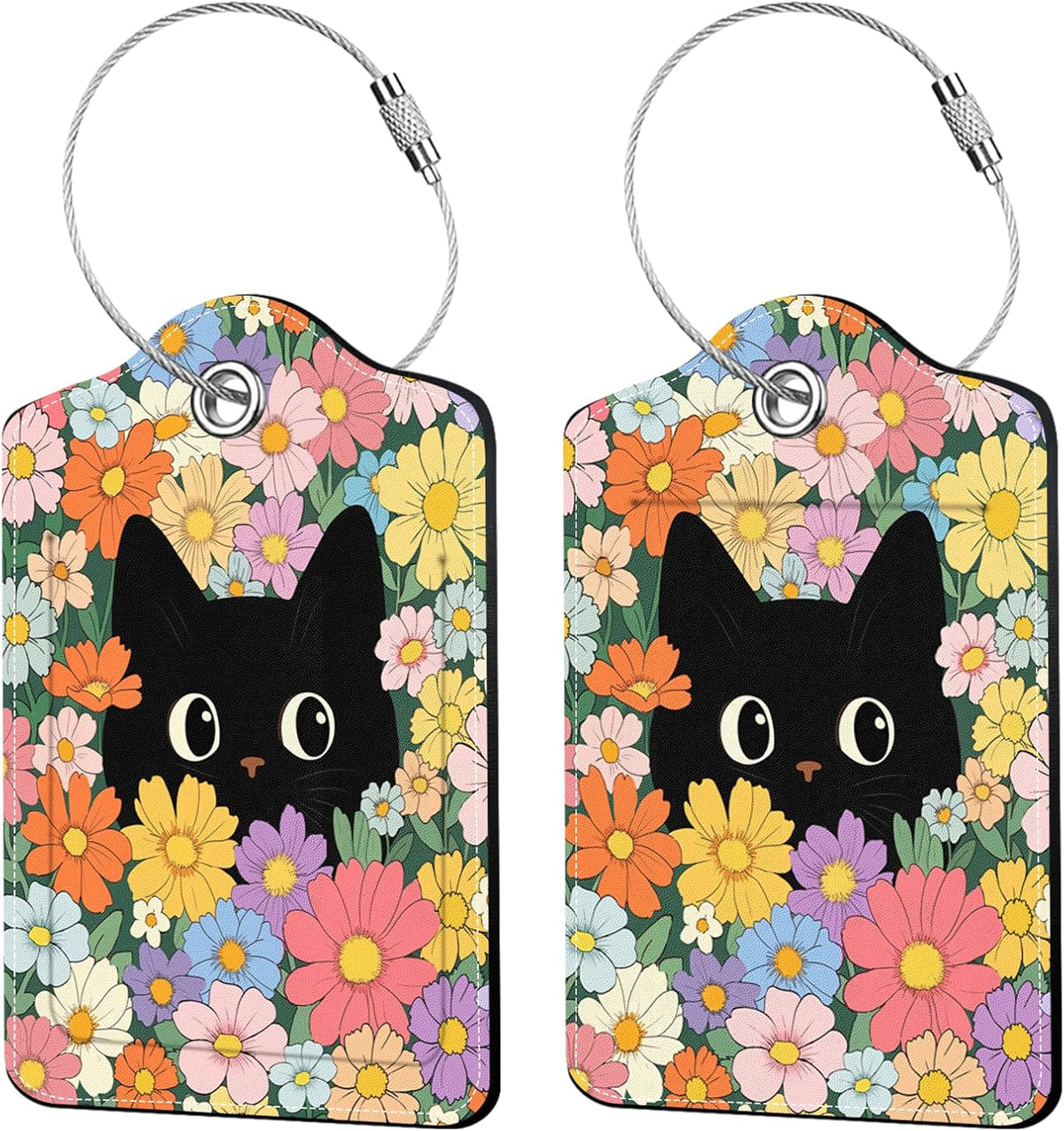 2 Pcs Colorful Cat Luggage Tags for Suitcase, Leather Luggage Tags Cute, Privacy Cover ID Label with Stainless Steel Loop & Address Card, Black Cat Travel Bag Tag Luggage Accessories for Suitcases