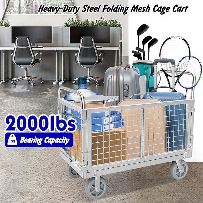 Platform Truck with Cage, 6 in1 Foldable Heavy Duty Steel Flatbed Cart, Large Utility Cart w/Industrail Solid Casters, Load 2000LBS Multi-Purpose Push Dolly for Grocery/Laundry/Stall/Warehouse