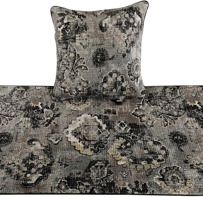 The HomeCentric Decorative Black & Grey Twin 53 x 18 inch Bed Runner Without Pillow Cover, Velvet Damask with Tassels Bed Scarf, Abstract Modern - Paved Damask