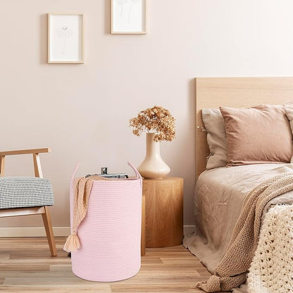 Cotton Rope Laundry Basket Hamper for Clothes Woven Storage Basket for Living Room Bedroom Boho Tall Rope Baskets for Blanket Toys Pillow Towels Baby Nursery Hamper Bin Large light pink