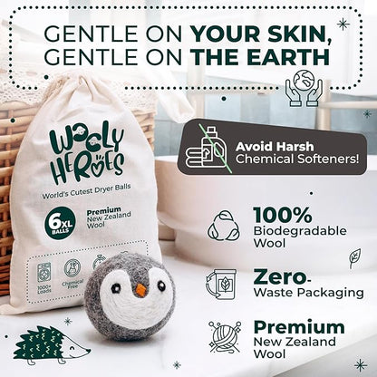 No More Dryer Sheets! Reusable Wool Dryer Balls XL 6-Pack - Reduces Static, Cuts Dry Time, & Softens Naturally
