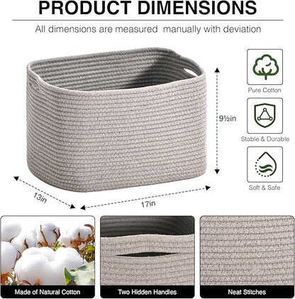 Woven Cotton Rope Storage Basket for Organizing, Cute Decorative Baskets for Gifts Empty, Organizer Bins for Dog Toy, Baby Laundry, 17“×13”×9.5“, Light Grey