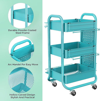 DESIGNA 3-Tier Utility Storage Rolling Cart with Removable Pegboard & Extra Storage Baskets Hooks, Metal Craft Art Carts for Gift Home Office, Teal