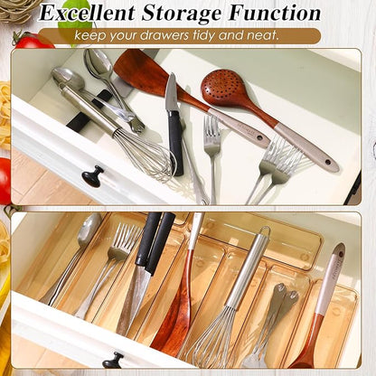 Maitys 12 Pcs Vanity Drawer Organizer 9 x 3 x 2 Inches Clear Plastic Utensil Organizers Kitchen Drawers Dividers for Office Desk Silverware Kitchen Utensils Cosmetics and Bathrooms(Champagne)