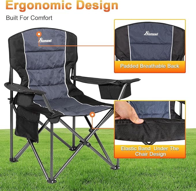Romswi Oversized Camping Chairs,Heavy Duty Support 500 LBS,Padded Back & Arm Sport Chairs, Cup Holder Cooler Bag, Collapsible Folding Chairs for Outdoor, Fishing & Garden, Black,2-Pack