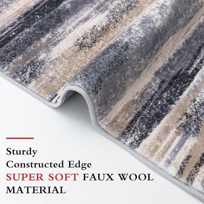 Modern Abstract Runner Rug 3x8, Grey Black Multi Washable Kitchen Runner Non-Slip Soft Hallway Rug Runner Thin Print Faux Wool Carpet for Entryway Bedroom Laundry Room Indoor Home Office Decor