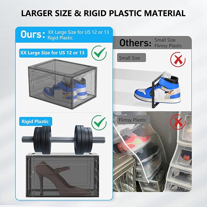 12 Pack Hard Sturdy Thickened Rigid XX Large Shoe Storage Organizer for Closet, Clear Stackable Sneaker Shoe Boxes Rack Containers Display Case Bins with Lids, Grey