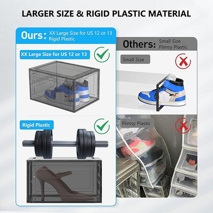 12 Pack Hard Sturdy Thickened Rigid XX Large Shoe Storage Organizer for Closet, Clear Stackable Sneaker Shoe Boxes Rack Containers Display Case Bins with Lids, Grey