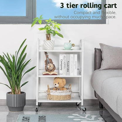 HDANI 3 Tier Rolling Cart Shelves,Heavy Duty Multifunctional Metal Frame-Supports 22 Lbs Per Tier,Rolling Cart with 2 Lockable Wheels for Home, Office,Kitchen,Bathroom,Bedroom(White)…