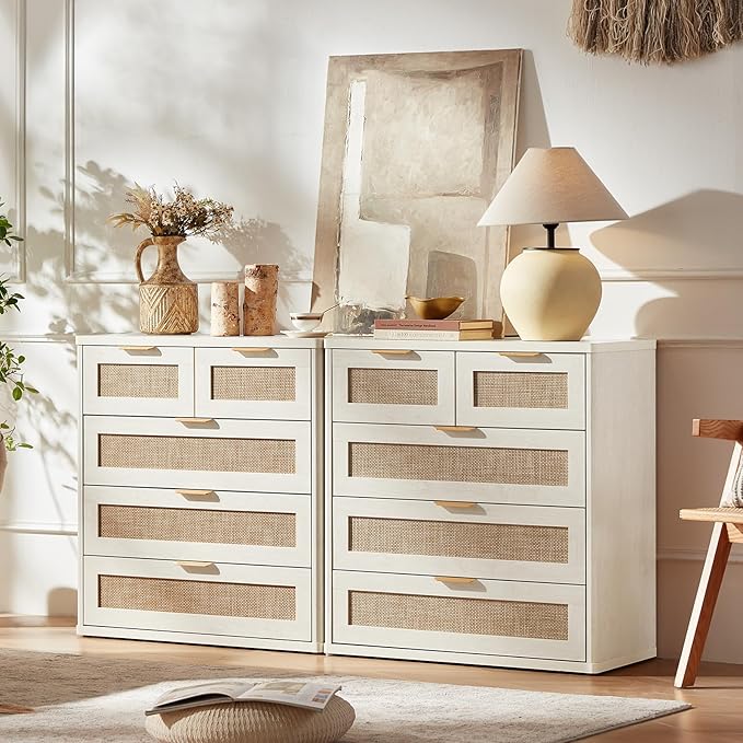 LEYAOYAO White Dresser for Bedroom, 33.5" Tall Chest of Drawers, Modern 5 Drawers Boho Rattan Dressers with Storage, Dresser Wooden Closet Organizer for Living Room, Hallway