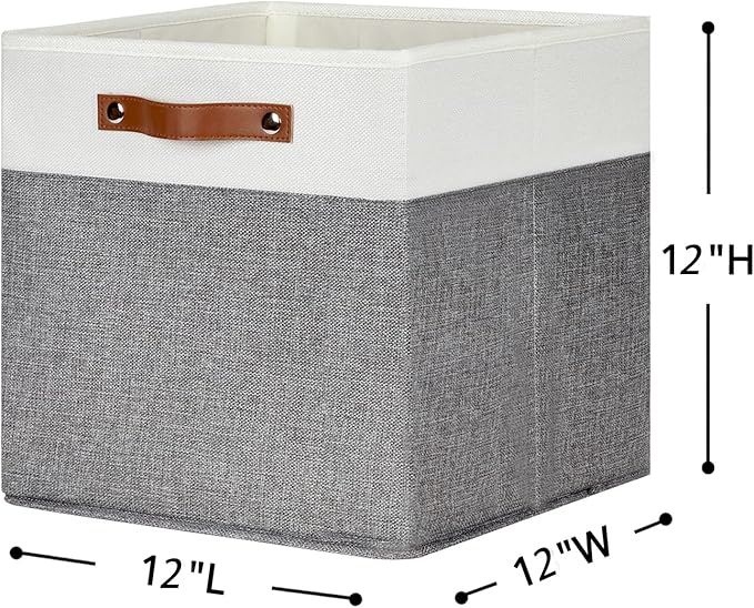 HNZIGE Fabric Storage Cubes 12x12 Cube Storage Bins, Set of 4, Decorative Cube Organizers Bins for Shelves with Handles,Foldable Bins for Cube Organizer Home Toy Nursery Closet(White Gray)