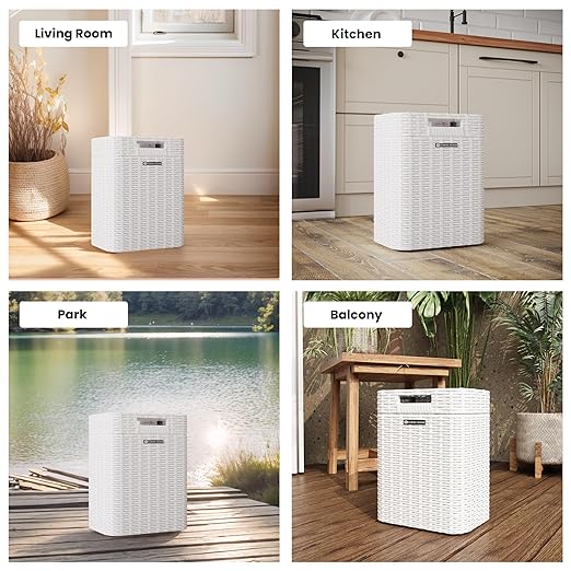Ypati Handwoven 4 Gallon Rattan Trash Can with Lid, Boho Style Decorative Indoor and Outdoor Trash Bin with Shelf, Waste Basket for Bathroom, Patio, Study, with Trash Bags, Porcelain White, Eureka