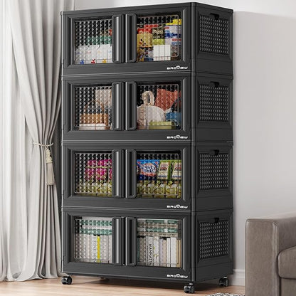 BROVIEW 400Qt Stackable Storage Bins with Lids, 100Gal Closet Organizers and Storage Drawer, Plastic Collapsible Storage Bins with Doors, Heavy Duty Store Box Cabinet for Home Kitchen, 4Pack Black