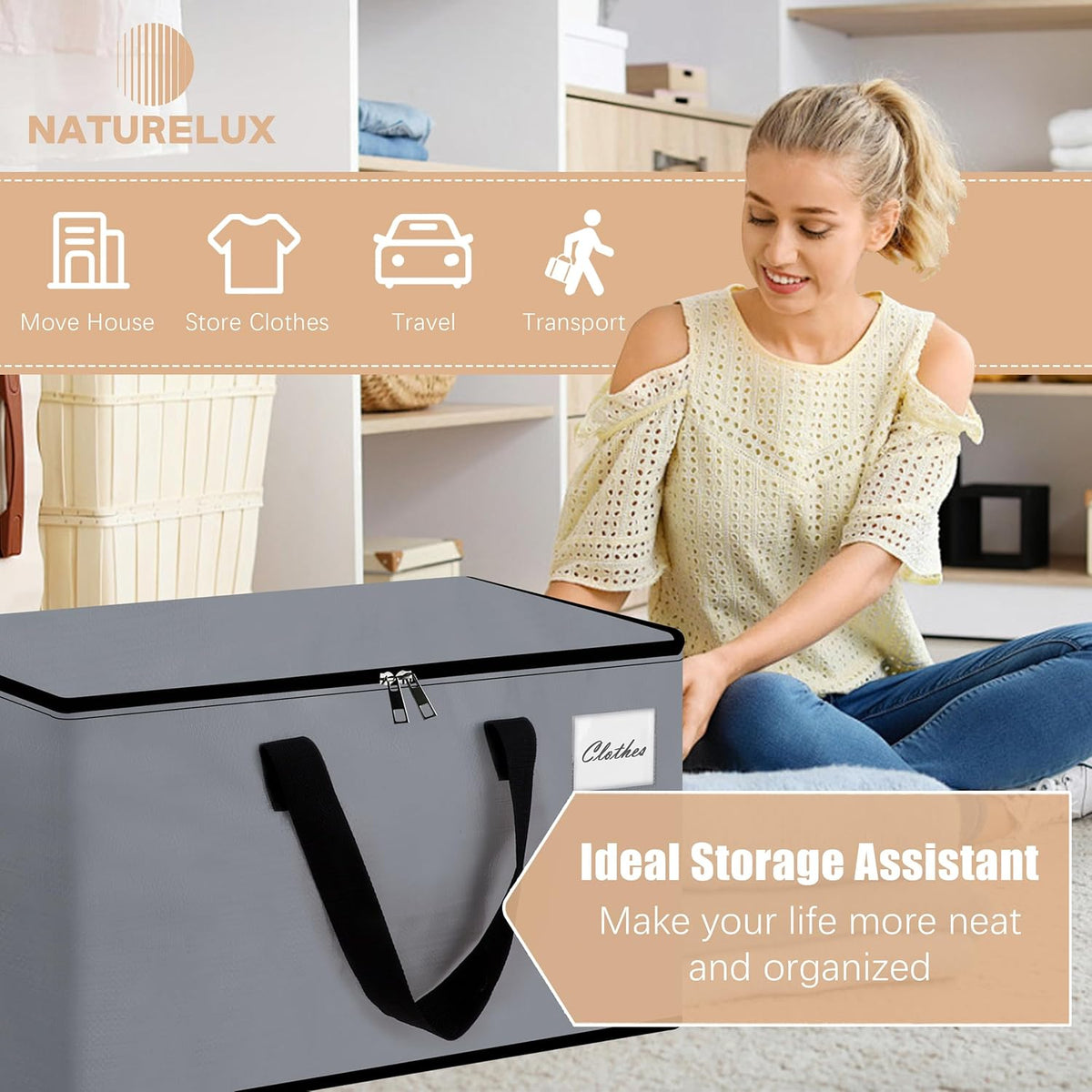 Heavy Duty Moving Bags - Extra Large Packing Bags and Storage Totes, Collapsible and Foldable Option for Moving and Storage, Grey, 93 L - 6 Pack