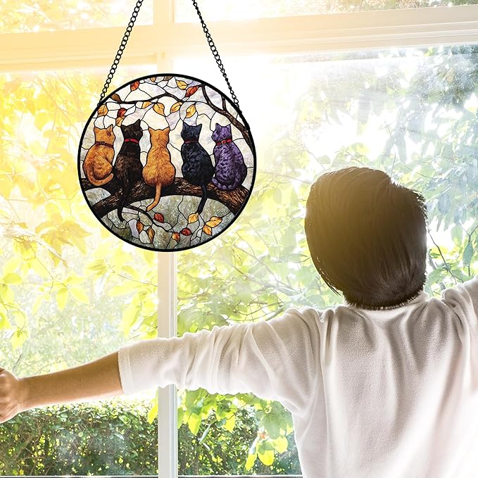Stained Glass Window Hanging - 5 Cats on a Branch Suncatcher for Window Doors Home Decoration and Christmas, Mother's Day Father's Day Birthday Gifts for Women, Men, and Mom 6.3x6.3 in