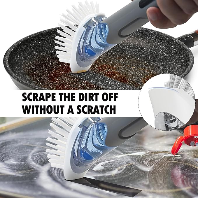 Soap Dispensing Replacement Dish Brush Storage Set with 2 PCS Brush Refills & Holder - RIMAY Dispenser Scrub Cleaning Scrubber Kitchen Dishwashing Dish Wand Handle for Dishes/Pans/Pots/Sink(Grey)