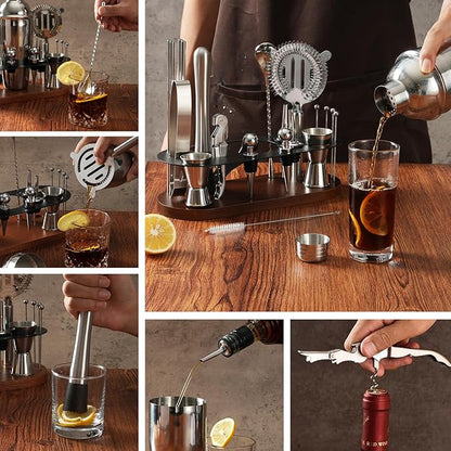 Cocktail Shaker Set Bartender Kit with Stand | 23-Piece Bar Set Drink Mixer Set with All Essential Bar Tools: Martini Shaker, Jigger, Strainer, Spoon, Muddler, Pourers, for Home, Bar, Party