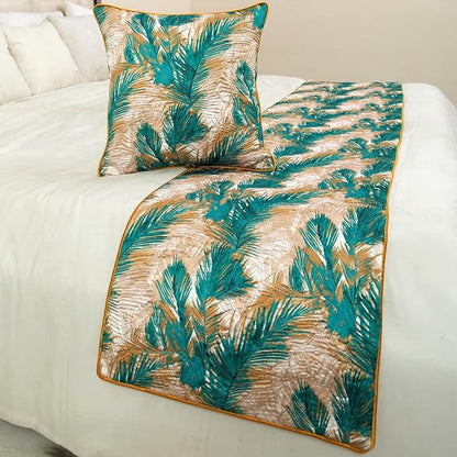 The HomeCentric King/Queen/Twin Green Decorative King 90"x18" Bed Runner Without Pillow Cover, Plam Leaves & Quilted Bed Scarf on Satin Fabric - Palms