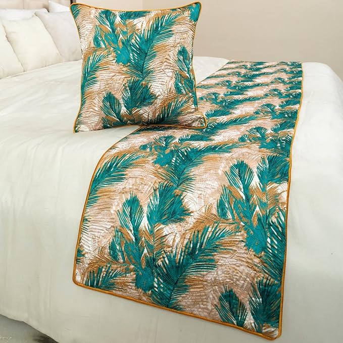 The HomeCentric King/Queen/Twin Green Decorative Full 68"x18" Bed Runner with Pillow Cover, Plam Leaves & Quilted Bed Scarf on Satin Fabric - Palms