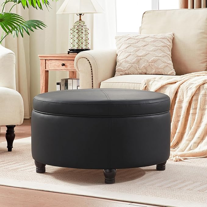 30-Inch Round Storage Ottoman, Modern Ottoman Coffee Table with Removable Top for Living Room, Bedroom, Office (Black)
