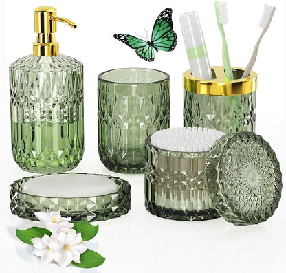 Green Glass Bathroom Accessories Set 5 Pcs, Green Bathroom Set, Soap Dispenser and Toothbrush Holder Set, Qtip Holder Set, Vintage Bathroom Sink Set, Cute Bathroom Decor