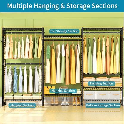 Heavy Duty Garment Rack Large Clothes Rack,Freestanding Closet Portable Clothing Rack with 8 Adjustable Wire Shelves and 4 Hang Rods,Metal Closet Storage Wardrobe Organizer System,Max Load 800lbs