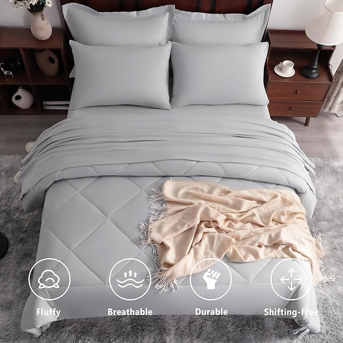 NTBAY King Comforter Set with Sheets, 7 Pieces Soft and Breathable King Bedding Set, Bed in a Bag, Down Alternative Comforter Set Solid Color All Season, King Bedding Set, Light Grey