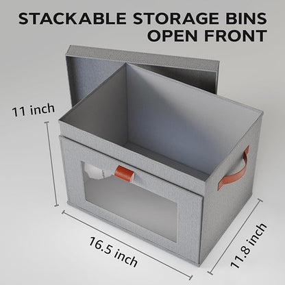 Large Storage Bins with Lids,Stackable&Collapsible Closet Storage Bins,Oxford Fabric Organizer Box with Clear Window,Large Decorative Storage Boxes for Shelves,Wardrobe,Living Room,Dorm(Grey)