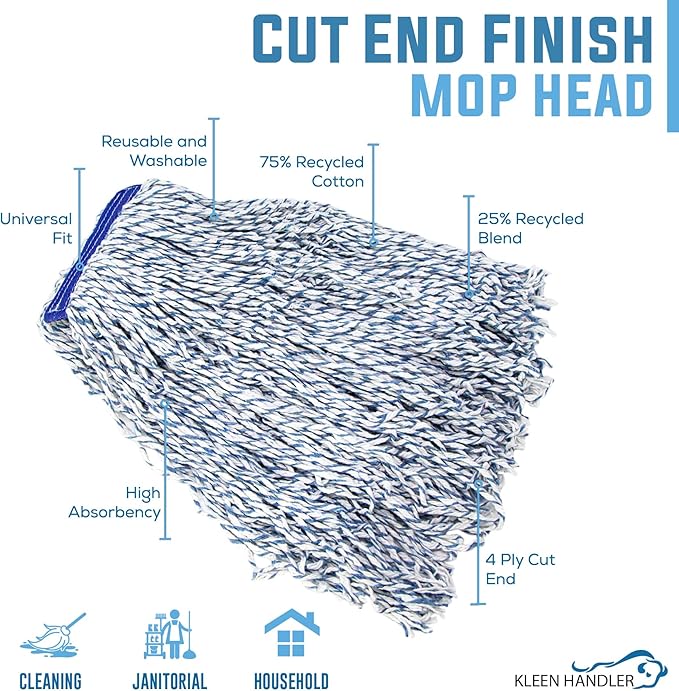 KLEEN HANDLER Cut End Finish Mop | 1.25" Universal Headband Maximum Absorption Finishing Mop, Pack of 6