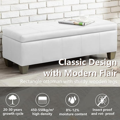 51 Inch Faux Leather Ottoman with Storage, End of Bed Bench with Large Storage, Rectangular Extra Long Bench for Bedroom and Living Room, White
