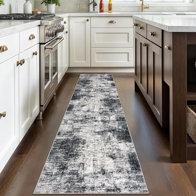 IOHOUZE Abstract Runner Rug 2x8 Ft Washable Runners for Hallways, Non Slip Kitchen Runner Printed Faux Wool Entryway Runner Indoor, Modern Abstract Floor Carpet for Hall Kitchen Bedroom, Black Gey