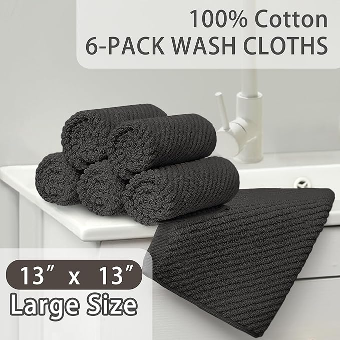 VOOVA & MOVAS Grey Washcloths (6PC, 13"x13") - 100% Cotton | Thick | Quick Dry | Light Weight, 6 Pack Hand Towels, Wash Cloths for Showering, Bathroom Gift Set, Dark Gray