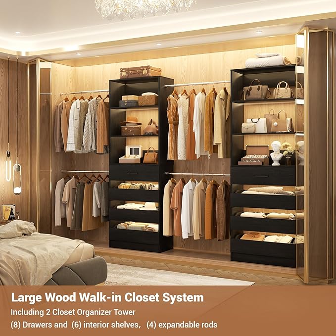 Aheaplus Closet System, 6-15Ft Closet Organizer with 8 Wooden Drawers, Wood Closet Organizer System with Tower, Walk-in Closet Organizer Wardrobe Clothes Rack with 4 Hanging Rods, Garment Rack, 1Black
