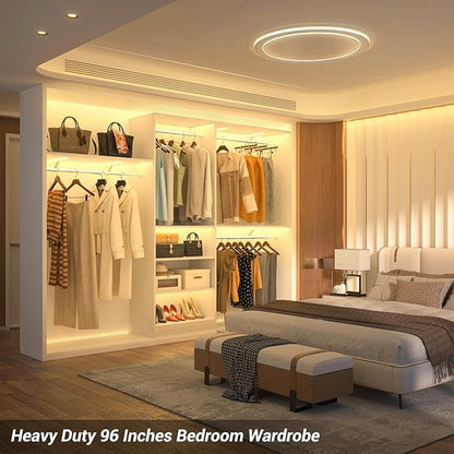 8FT Closet System with Shelves, 96'' Closet Organizer System with 3 Hanging Rods, Wall Mount Bedroom Wardrobe Walk-in Closet, Adjustable Cloth Garment Rack from 5 to 8FT (Cut to Fit), White
