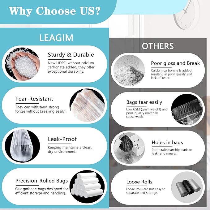 300 Count 8 Gallon Trash Bags, 13 Micron Extra Thick Medium Garbage Bags, 7-9 Gallon Unscented White Wastebasket Can Liners for Bathroom Kitchen Home Office