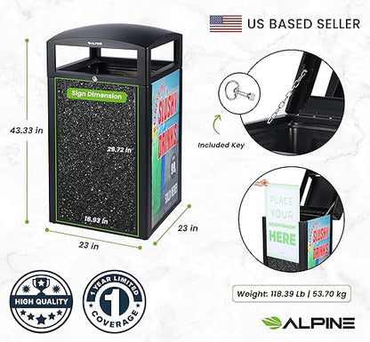 Alpine Outdoor Commercial Trash Can with Lid - 40 Gallon Heavy Duty Metal Garbage Can with Advertising Panels, Removable Bin, Locking Lid for a Modern Look in Pool, Park, Mall (Grey Stones)