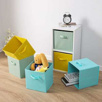 Stero 13x13x13 Inch Fabric Storage Bins 6 Pack Fun Colored Storage Cubes with Handles Foldable Cube Baskets for Home, Kids, Closet and Toys Organizer, Cyan, Green, Yellow